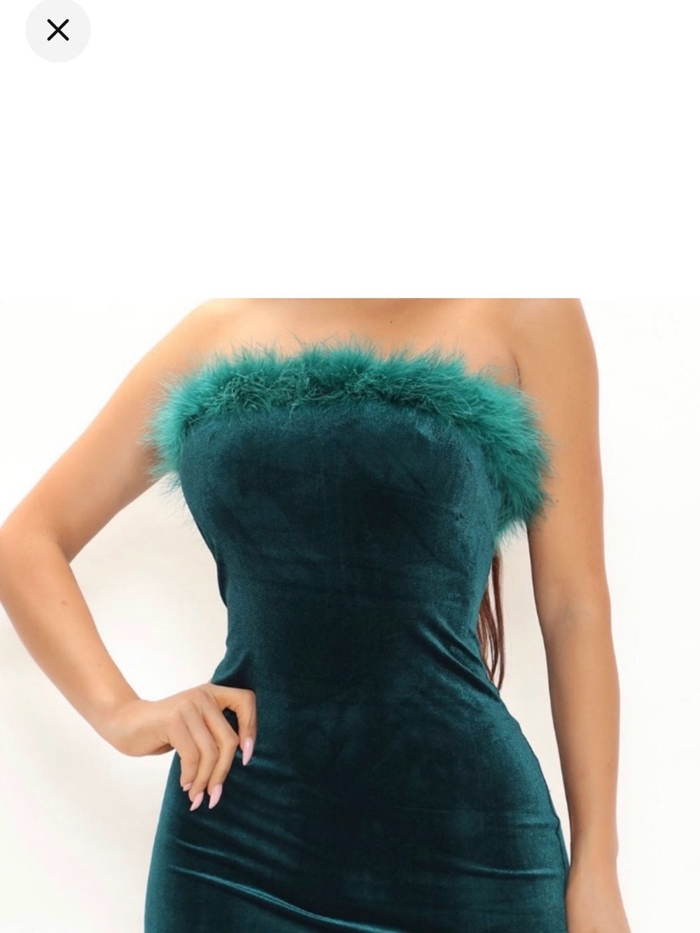 Fashion Nova Strapless Velvet Feather-Trim Dress - Teal Green